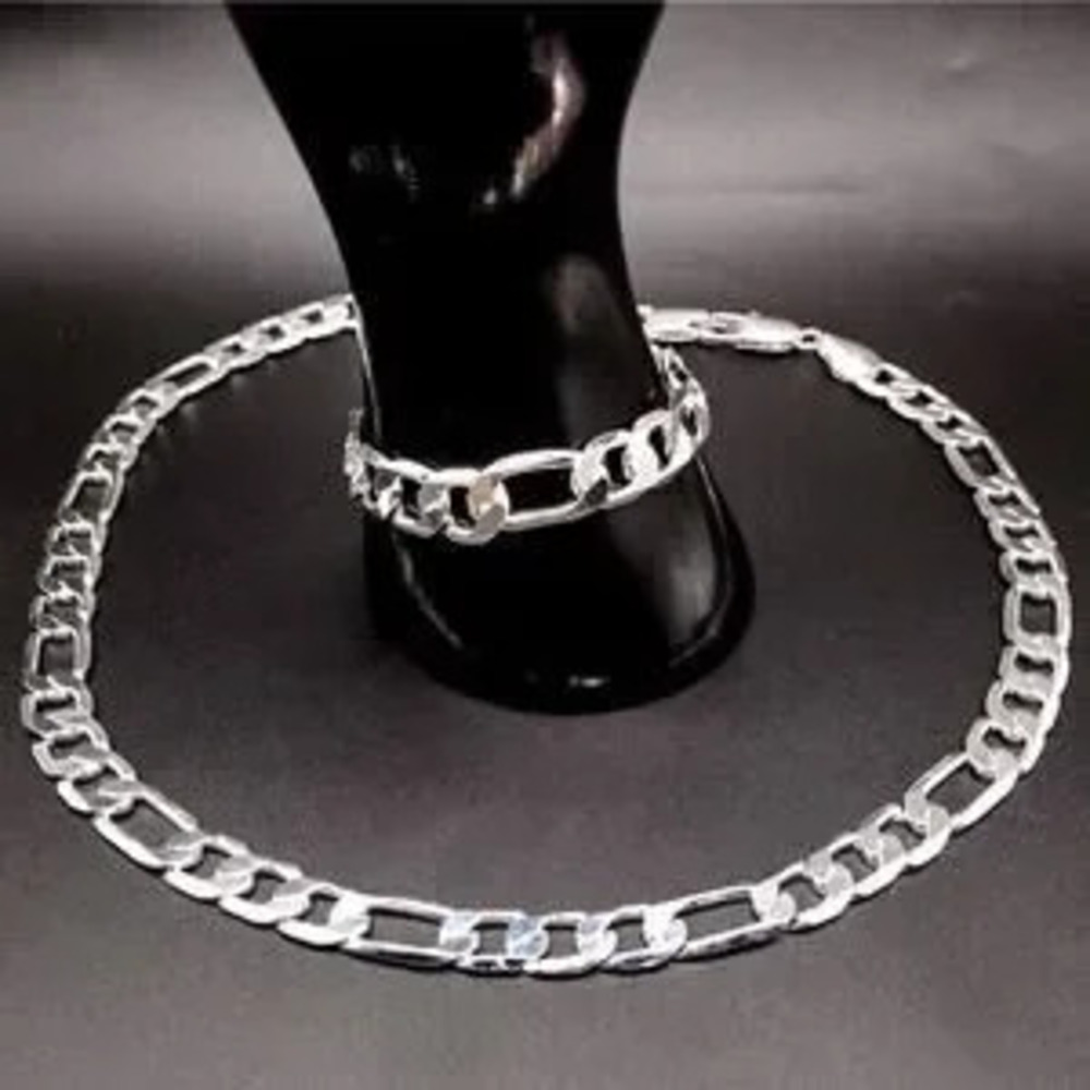 925 Sterling Silver Figaro 12MM Necklace Bracelet Set Men's Christmas Birthday